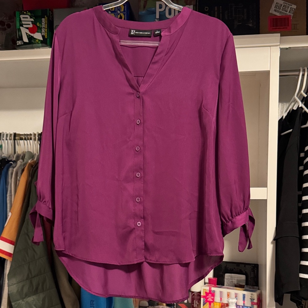 New York & Company V-Neck Button-Up Blouse - Purple